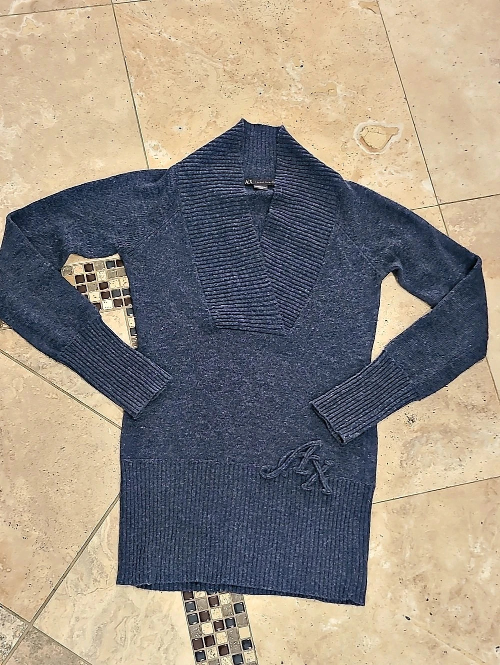 Armani Exchange V-Neck Wool Blend Sweater in Blue